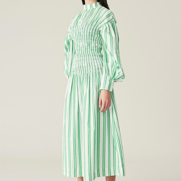 Ganni Balloon Sleeve Striped Cotton Dress with smocked middle - Picture 2 of 14
